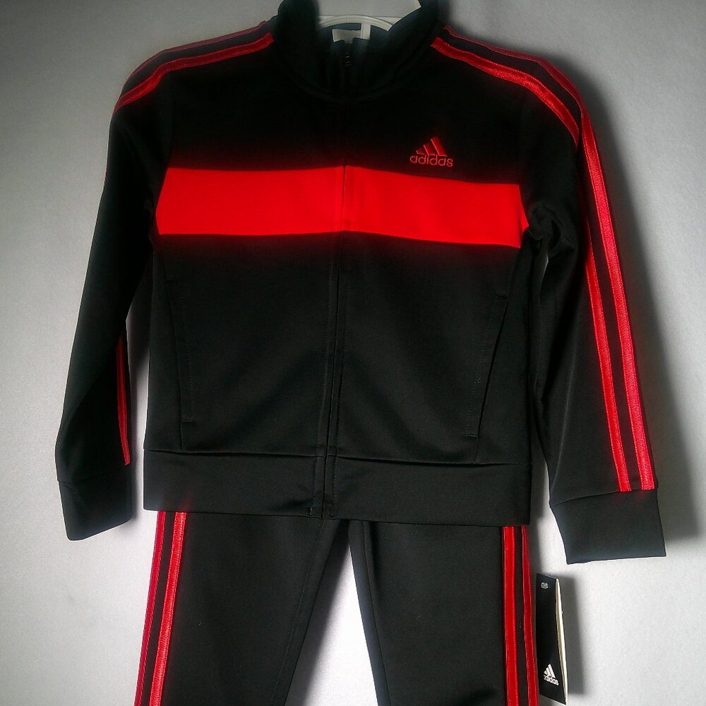 Adidas Boys Tracksuit Set Black Red 3-Stripe Zip Jacket Jogger Pants Size 4